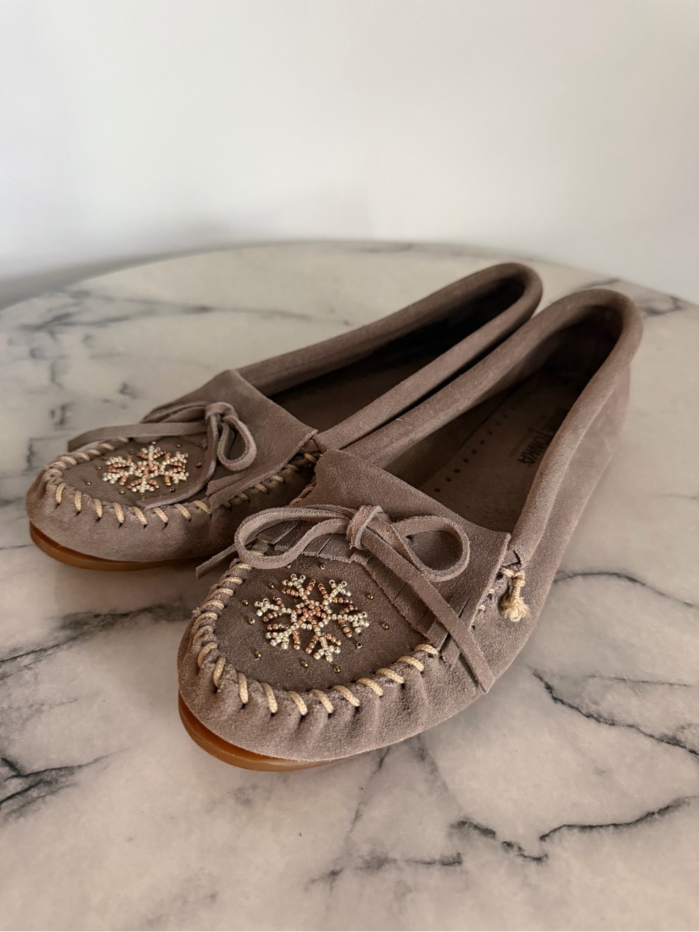 Minnetonka Taupe Beaded Suede Moccasin - Women